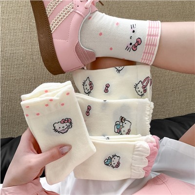 Cute summer cotton cartoon knee socks with bow, mid-length