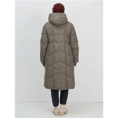 Пальто зимнее утепленное с капюшоном женское светло-коричневого цвета 7628SK