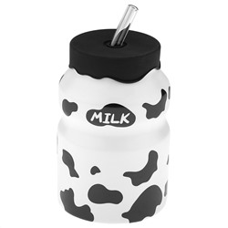 Кружка фарфоровая "Буренка-принт" 480мл, д8,5см h12,8см, без ручки, матовая глазурь, деколь - микс, цвет - белый с черным, стеклянная трубочка 14,8см, силиконовая крышка с отверстием для трубочки, цвет - черный, д/горла 6см, д/основания 8см, в подаро
