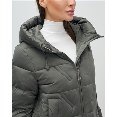 Куртка зимняя женская классическая с капюшоном темно-серого цвета 7671TC