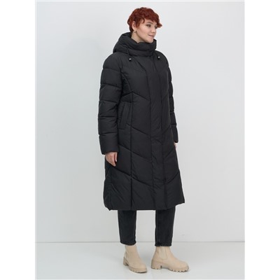 Пальто зимнее утепленное с капюшоном женское черного цвета 7628Ch
