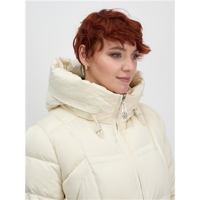 Пальто зимнее утепленное с капюшоном женское бежевого цвета 7702B