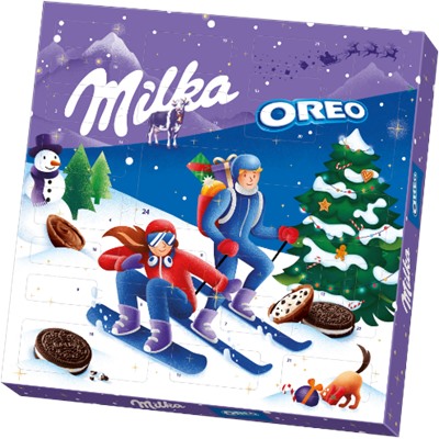 Milka Adventskalender Oreo 280g, Милка Орео Адвент-календарь 2025, 24 сладких сюрприза, 280 грамм