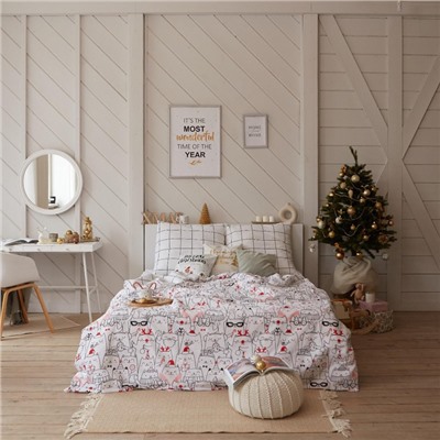 Постельное белье новогоднее Этель 1.5 сп Xmas cat 143*215 см, 150*214 см, 70*70 см - 2 штуки