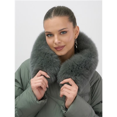 Пальто зимнее утепленное с мехом и капюшоном тренд цвета хаки 7745Kh