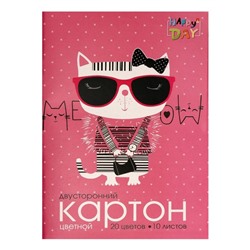 Картон цветной двусторонний А4, 10 листов, 20 цветов "Мультики", мелованный, 190г/м², МИКС