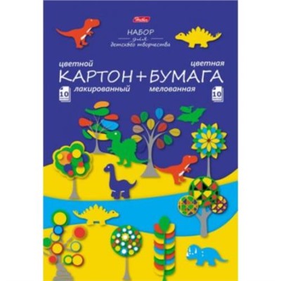 НАБОР ЦВЕТНОГО КАРТОНА МЕЛОВАННОГО ЛАКИРОВАННОГО (10Л)+ЦВЕТНАЯ БУМАГА (10Л) "ДИНОЗАВРИКИ" В ПАПКЕ (052988) 18493 ХАТБЕР {РОССИЯ}
