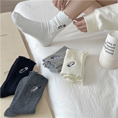 White pin, colored demi-season cotton trend sports knee socks, with embroidery, internet celebrity