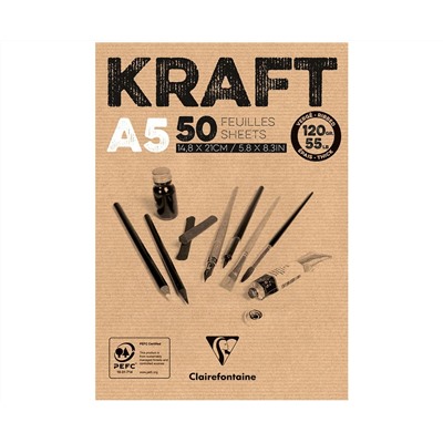 Скетчбук - блокнот 50л., А5 Clairefontaine "Kraft", на склейке, верже, крафт, 120г/м2