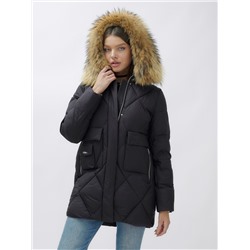 Куртка женская зимняя с мехом енот премиум класса черного цвета 3141Ch