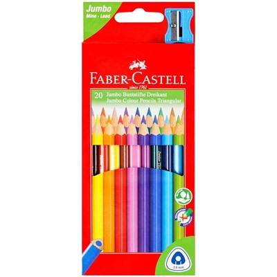 Карандаши цветные Faber-Castell "Jumbo" 20цв., трехгран., утолщ., заточен., картон, евр., с точилкой