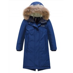 Парка зимняя подростковая для девочки с капюшоном и мехом темно-синего цвета 9536TS