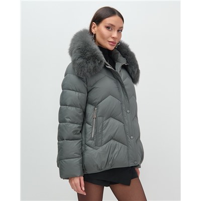 Куртка зимняя женская с мехом и капюшоном тренд темно-серого цвета 7759TC