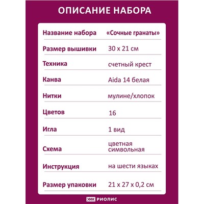 Набор для вышивания Риолис 2175 Сочные гранаты, 30*21 см