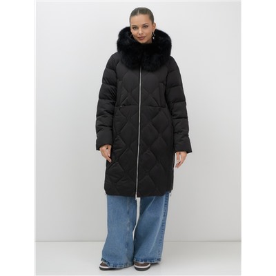 Пальто зимнее утепленное с мехом и капюшоном тренд черного цвета 7753Ch
