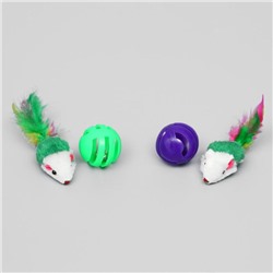 Набор игрушек для кошек: мышь 5 см и шарик с бубенчиком 3.8 см, микс цветов