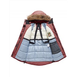 Парка зимняя подростковая для девочки с капюшоном и мехом бордового цвета 9534Bo