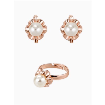 Гарнитур 3 предмета: серьги, кулон, кольцо безразмерное «Эдель», с жемчугом цветок, белые в золоте, 45 см