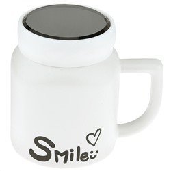 Кружка фарфоровая "Smile" 480мл, 8,7х8,7см h11см, матовая глазурь, с деколью, цвет - белый, пластмассовая, винтовая крышка, герметичная, с силиконовым уплотнителем, д/горла 6,3см, д/основания 6см, в подарочной коробке (Китай)