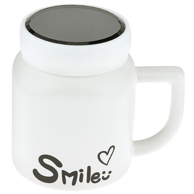 Кружка фарфоровая "Smile" 480мл, 8,7х8,7см h11см, матовая глазурь, с деколью, цвет - белый, пластмассовая, винтовая крышка, герметичная, с силиконовым уплотнителем, д/горла 6,3см, д/основания 6см, в подарочной коробке (Китай)