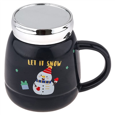 "Новый год" Кружка фарфоровая "Зазеркалье" 500мл, д9,8см h11,5см, глянцевая глазурь, с деколью, цвет - синий, пластмассовая, винтовая крышка, герметичная, с силиконовым уплотнителем, д/горла 6см, д/основания 7см, в подарочной коробке (Китай)