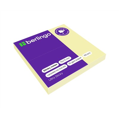 Самоклеящийся блок Berlingo "Ultra Sticky", 75*75мм, 100л., пастель, желтый