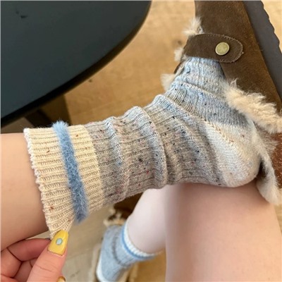 Mink velvet dot yarn thick line striped socks for women thickened warm Korean ins contrasting color dot yarn medium tube stack socks