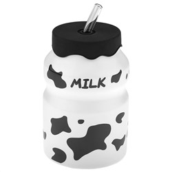 Кружка фарфоровая "Буренка-принт" 480мл, д8,5см h12,8см, без ручки, матовая глазурь, деколь - микс, цвет - белый с черным, стеклянная трубочка 14,8см, силиконовая крышка с отверстием для трубочки, цвет - черный, д/горла 6см, д/основания 8см, в подаро