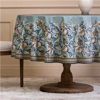 СКАТЕРТЬ КРУГЛАЯ "ЛИСТЬЯ МОРРИСА"190 СМ ,100% ХЛОПОК ,СИНИЙ, ТВИЛ, ПРОПИТКА