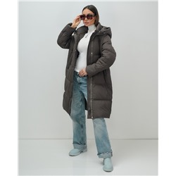 Пальто зимнее утепленное с капюшоном женское темно-коричневого цвета 7618TK