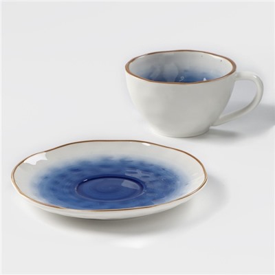 Чайная пара Доляна «Космос», чашка 250 мл, блюдце d=16 см, фарфор, белая, синяя