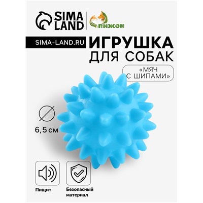 Игрушка пищащая "Мяч с шипами" для собак, 6,5 см, голубая
