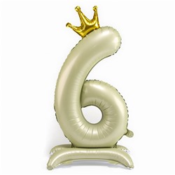 Шары воздушные фольгированные 42" «Цифра 6 с короной» на подставке, цвет взбитые сливки