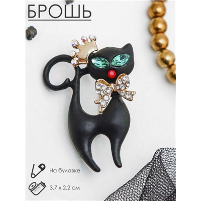 Брошь «Кошка грация», в короне, матовая, чёрная в золоте