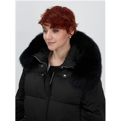 Куртка зимняя женская с мехом и капюшоном тренд черного цвета 7639Ch