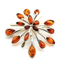 Брошь с янтарем С925 Салют 40*40мм цв.коньячный, 9,3г