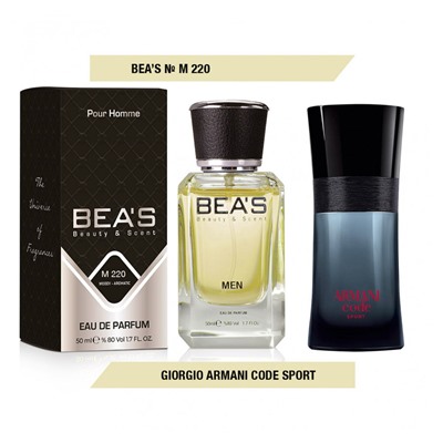 Beas M220 Giorgio Armani Code Sport Men edp 50 ml, Парфюм мужской Beas M220 создан по мотивам аромата Giorgio Armani Code Sport