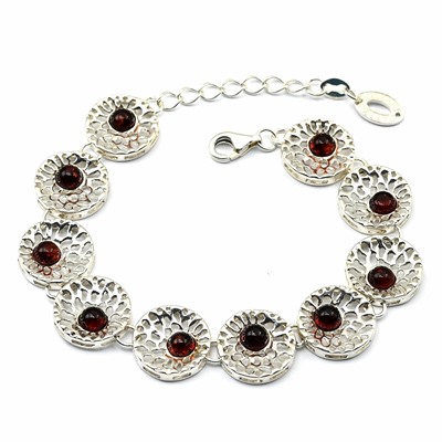 Браслет с янтарем С925 Одуванчик 15мм коньячный, 19см, 14г