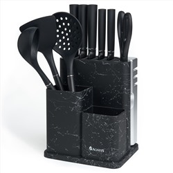 НАБОР AGNESS ИЗ 11ПР:5 НОЖЕЙ,ПОЛОВНИК,ЛОПАТКА,ШУМОВКА,ПОДСТАВКА,НОЖЕТОЧКА,НОЖНИЦЫ,ЧЕРНЫЙ МРАМОР/СЕРЫ