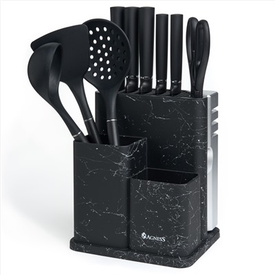 НАБОР AGNESS ИЗ 11ПР:5 НОЖЕЙ,ПОЛОВНИК,ЛОПАТКА,ШУМОВКА,ПОДСТАВКА,НОЖЕТОЧКА,НОЖНИЦЫ,ЧЕРНЫЙ МРАМОР/СЕРЫ
