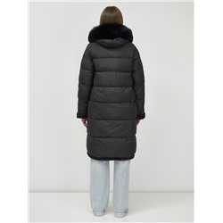 Пальто зимнее женское с мехом и овчиной премиум класса черного цвета 3196Ch