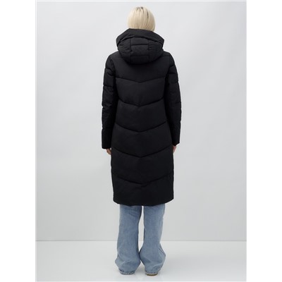 Пальто утепленное стеганное зимнее с капюшоном женское черного цвета 9639Ch