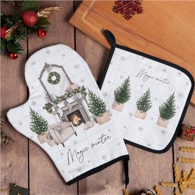 Набор кухонный Magic winter, варежка-прихватка 20×28 см, прихватка 19×19 см,100% хлопок