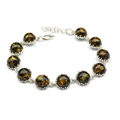 Браслет с янтарем С925 кружочек 12мм цв.зеленый, 19см, 13,1г