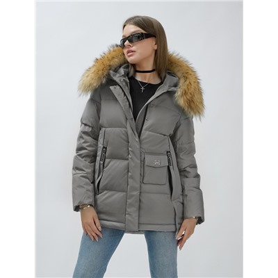Куртка женская зимняя с мехом енот премиум класса серого цвета 3215Sr