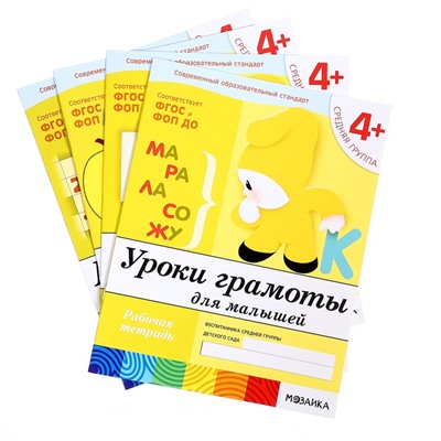 Рабочие тетради «Математика, прописи, развитие речи, уроки грамоты», средняя группа 4+, набор 4 шт.
