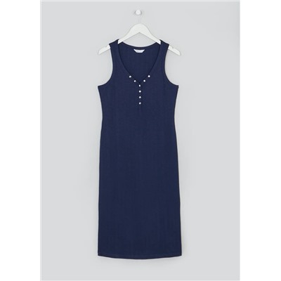 Navy Sleeveless Ribbed Jersey Popper Midi Dress