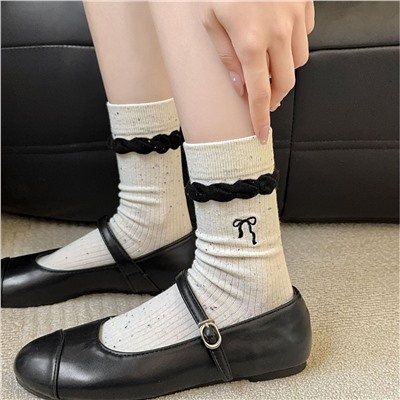 Demi-season embroidery with bow, Japanese breathable knee socks, with embroidery, combed cotton
