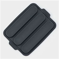 Форма для выпечки «Багет», силикон, 34.5×24×2.2 см, 3 ячейки (28×6×2 см), перфорированная, тёмно-серая