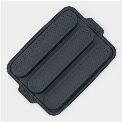 Форма для выпечки «Багет», силикон, 34.5×24×2.2 см, 3 ячейки (28×6×2 см), перфорированная, тёмно-серая